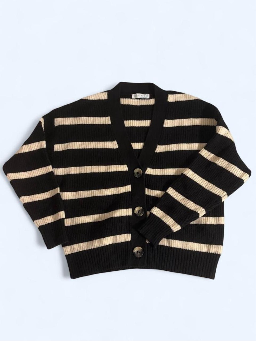 Primark Black and Cream Striped Button-Up Cardigan